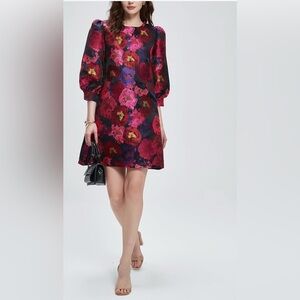 Chic jacquard elegant Red Floral Long Sleeve Dress New